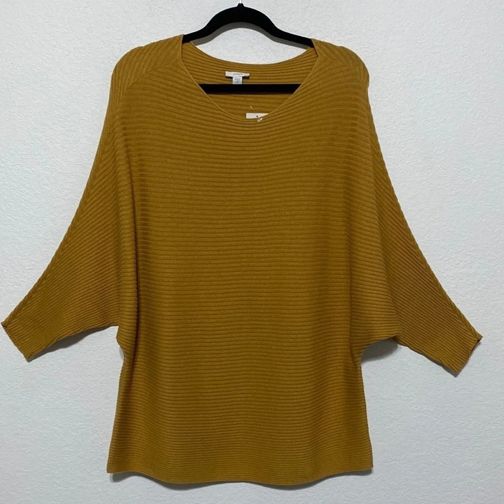 Pure Jill NEW Sweater Ribbed Dolman Sleeve Boat Neck Curry Size Medium Petite - Picture 2 of 7